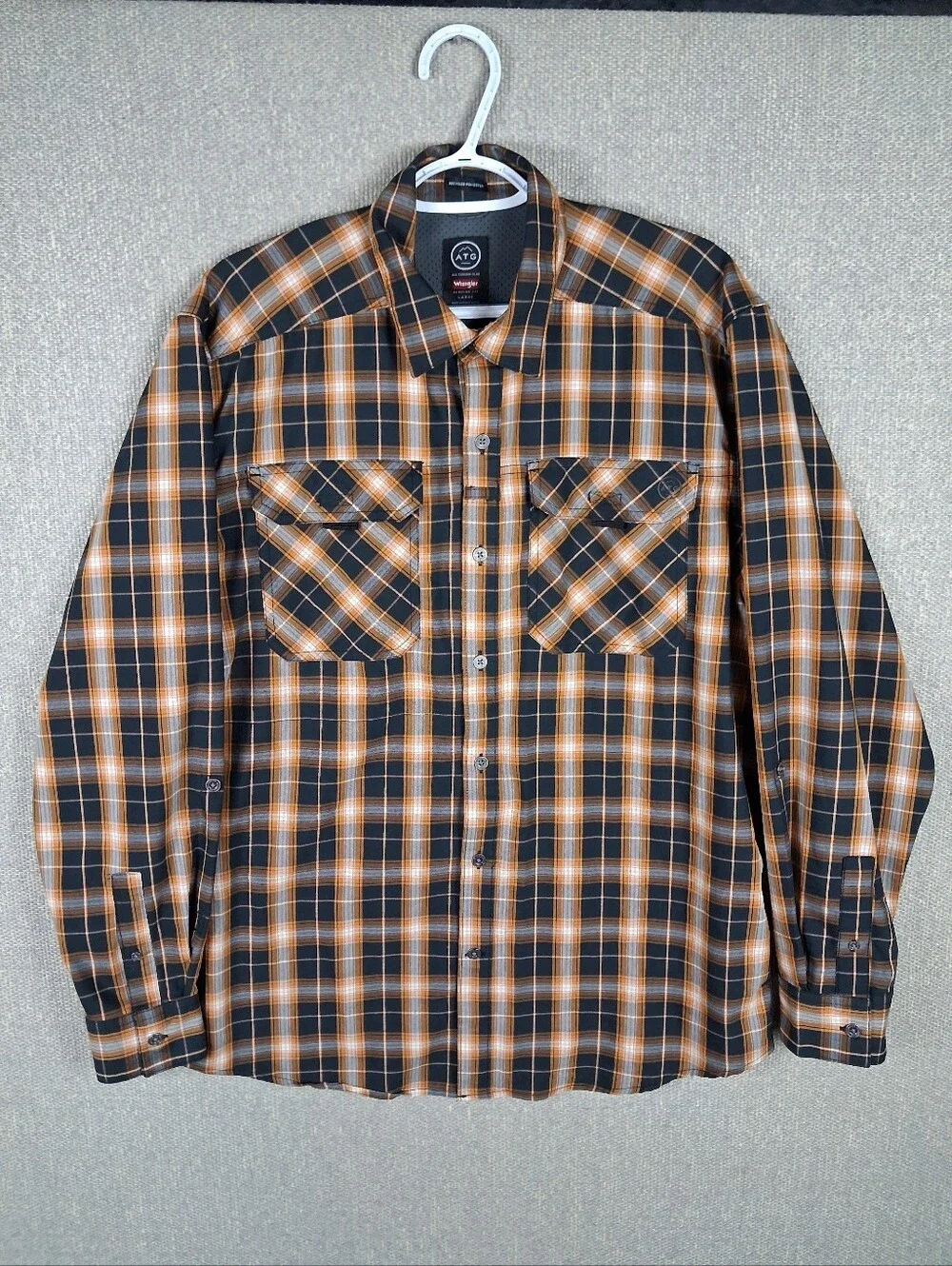 ATG All Terrain Gear Button-Down Shirt Mens Large Orange Black Plaid Long Sleeve
